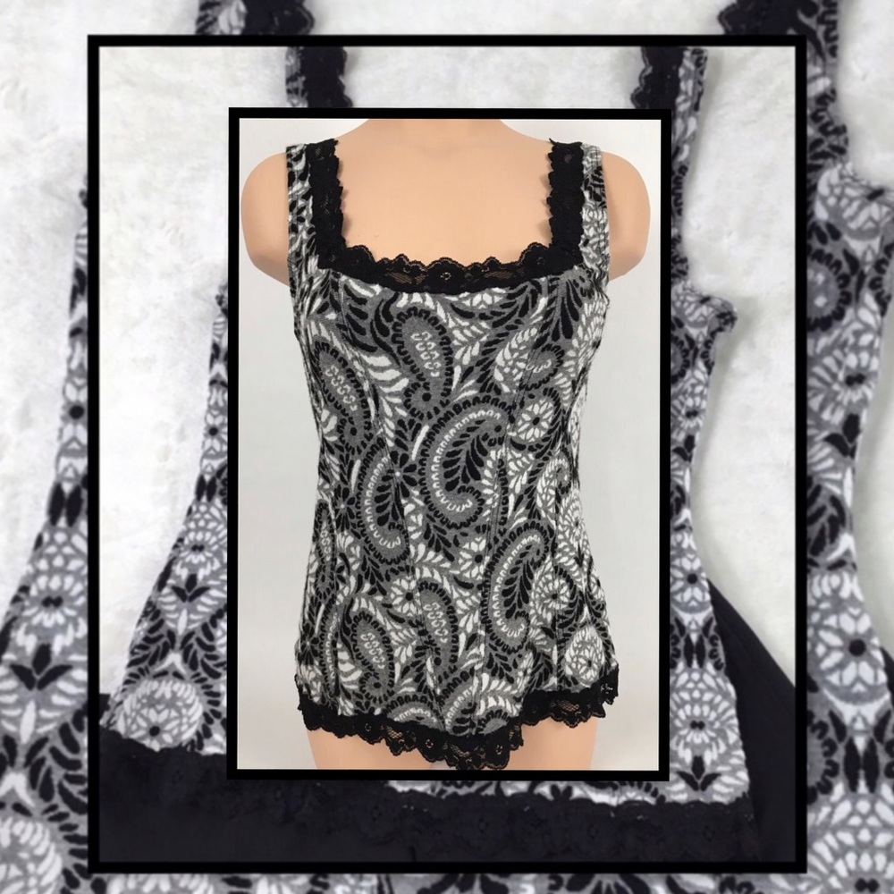 WHBM WOMENS BLACK AND WHITE LACE TRIMMED BODICE CAMI M